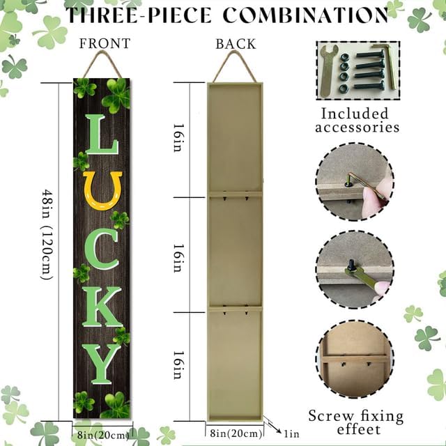 St. Patrick's Wooden Porch Decor 8”x48” Lucky Sign with Shamrock Porch Leaner Welcome Porch Sign for St. Patrick's Day Standing Hanging Home