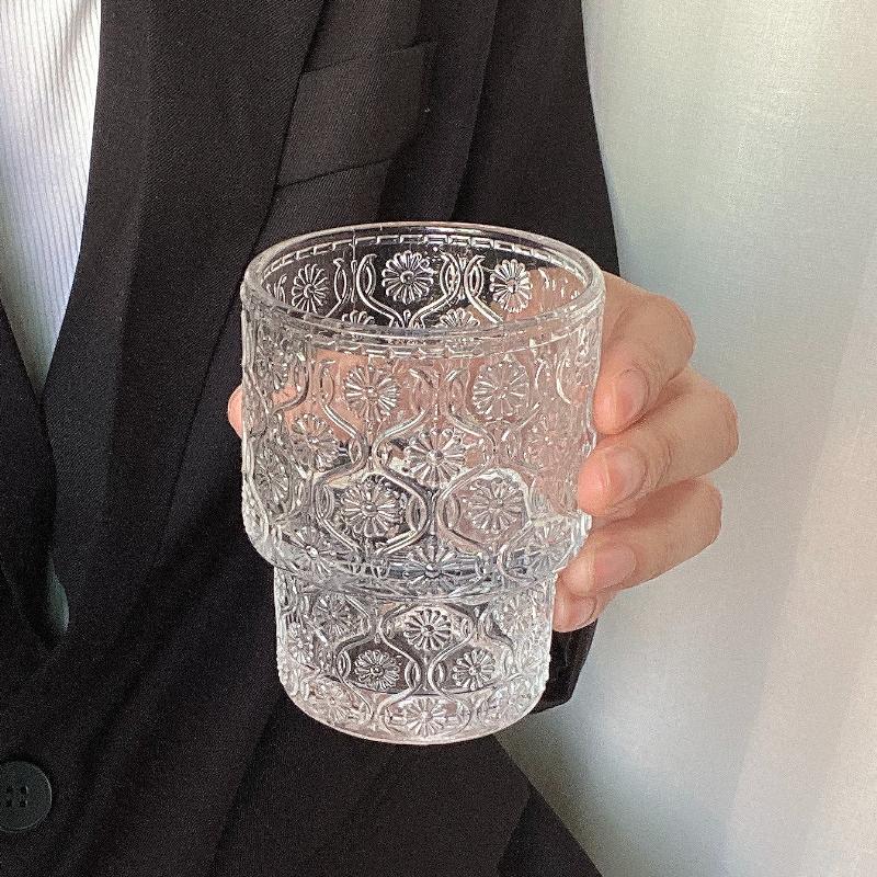 2pcs 200ml Coffee Cup Sunflower Pattern Glass Cup Vintage Wine Glass Transparent Cold Drink Cup Whiskey Glass Bar Accessories