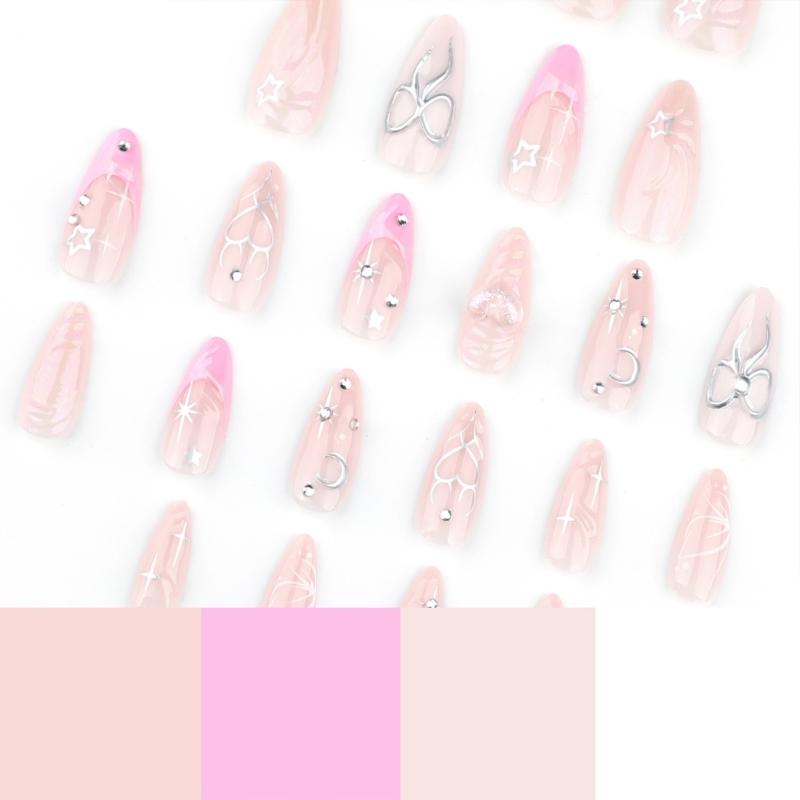 24 Stück 3D-Schleifen Acryl-Nagel mit Stern Valentinstag Falscher Nagel French Tip Aufklebe-Nagel Mandelform Press-On-Nagel