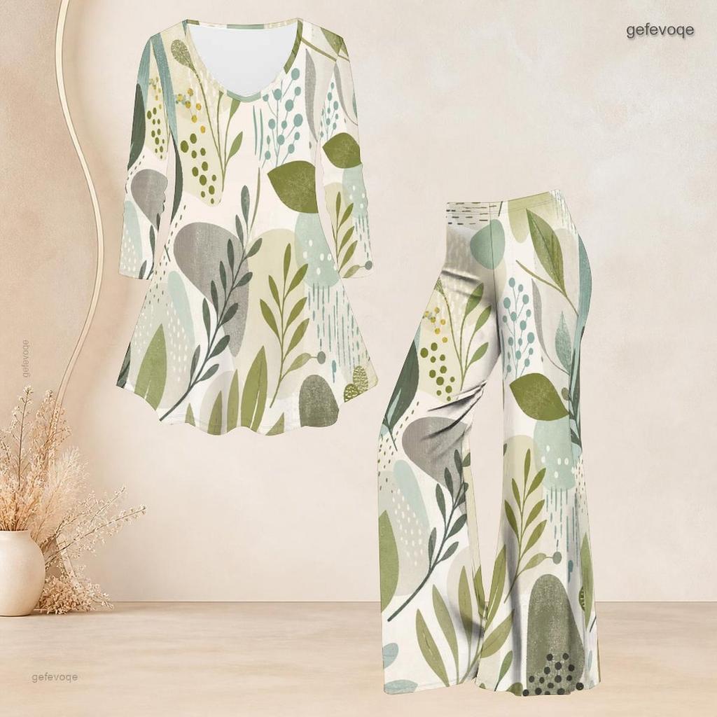 Women Plus Size Printed Round Neck Three Quarter Sleeve Flared Top And Flared Pants Two Piece Set
