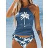 Annual Neck-hanging Coconut Tree Print Strap Swimsuit Large Size Conservative Belly Cover Women's Split