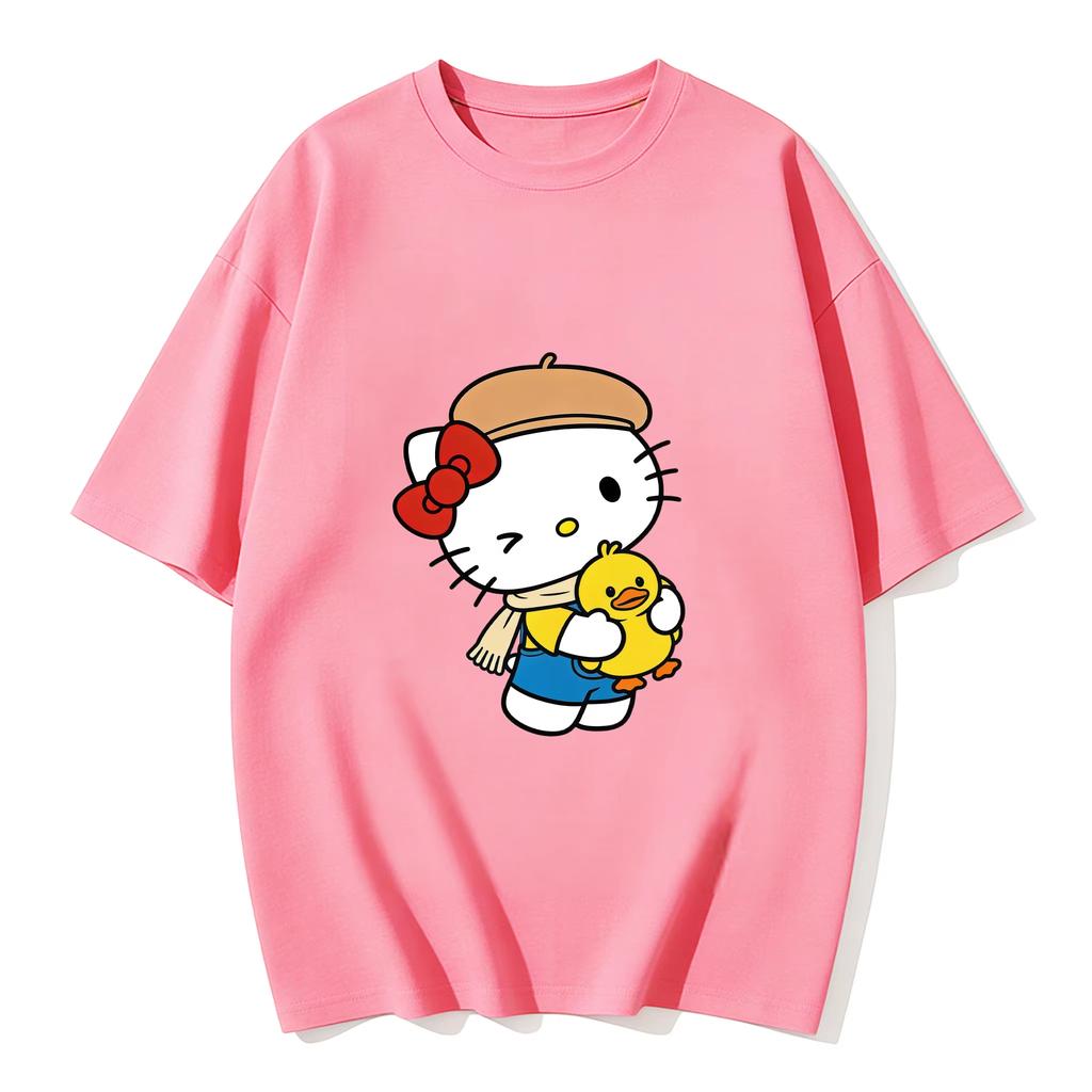 2026 New Summer HelloKitty Cute Graphic Tee Casual Short Sleeve Cotton Top for Women Girls Kawaii Cartoon Print Streetwear