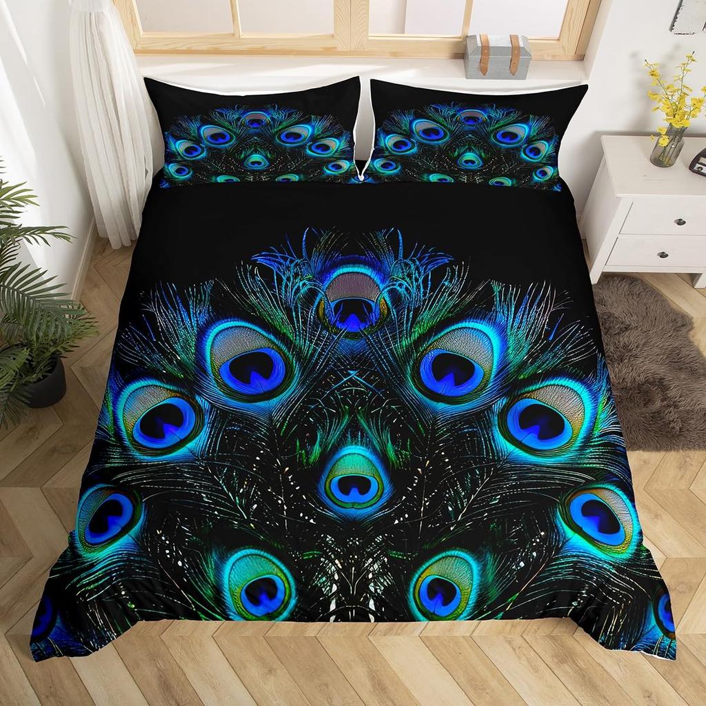 Peacock Duvet Cover Set Simple Peacock Feathers Pattern Queen Comforter Cover Girls Women 3 Piece Bedding Sets Bedroom Decor