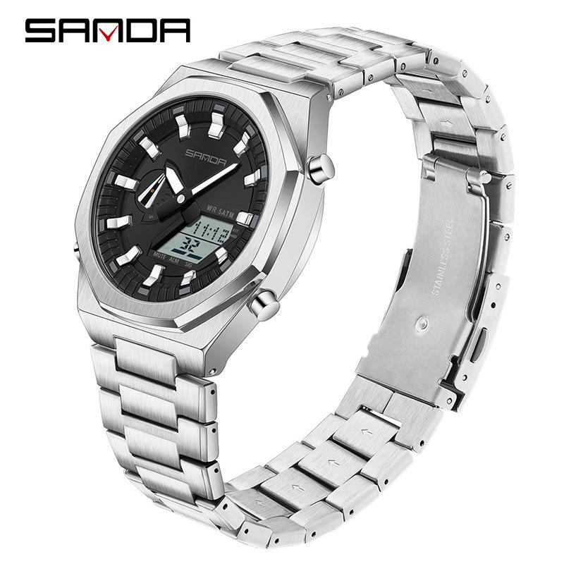 Sanda Men's Octagonal Oak Digital Watch with Dual Display and Daylight Saving Time