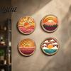 Four Piece Mountain Wall Decor 4Pcs Boho Sunset Art Abstract Landscape Round Hanging Ornaments Decorative Wooden Rounds for Living Room Bedroom