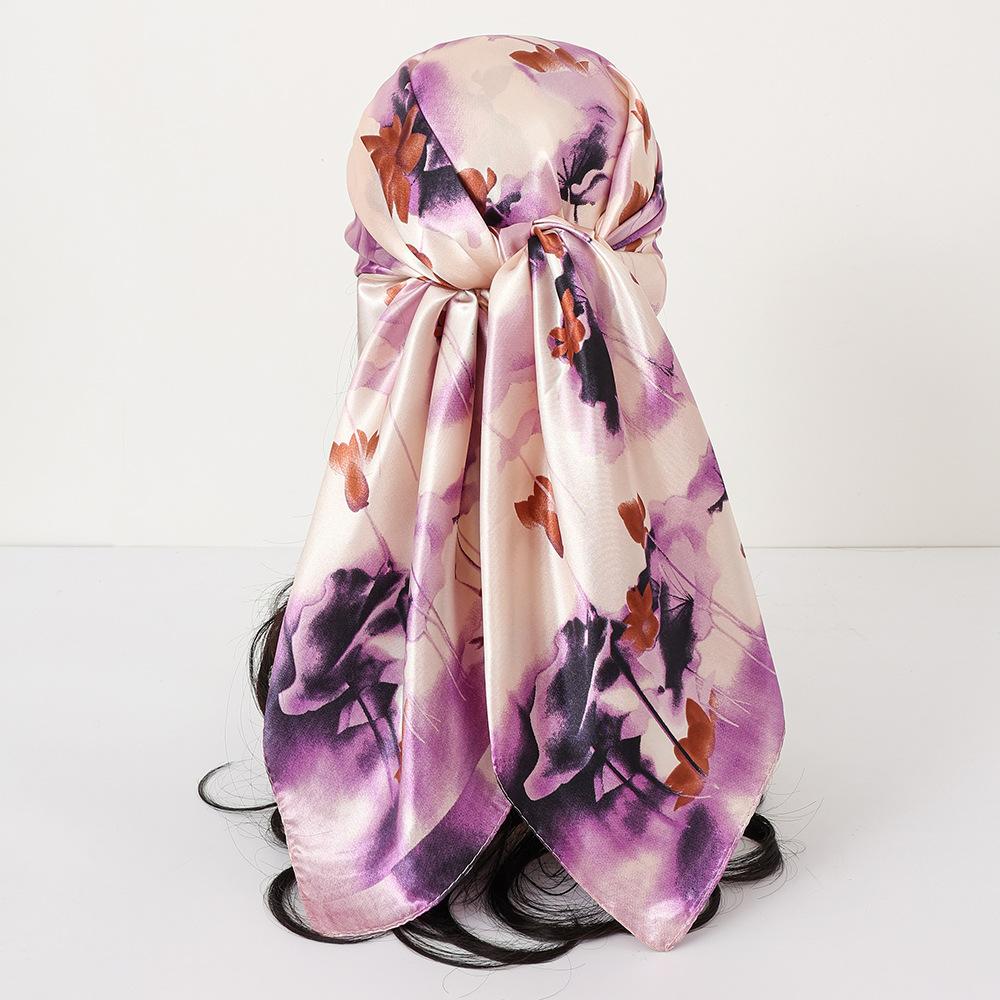 Printed Satin Silk Imitation Scarf Women Flowered Branches Floral Fresh Pashmina Shawls Silk Wraps Ladies Hijab Scarves 90X90Cm
