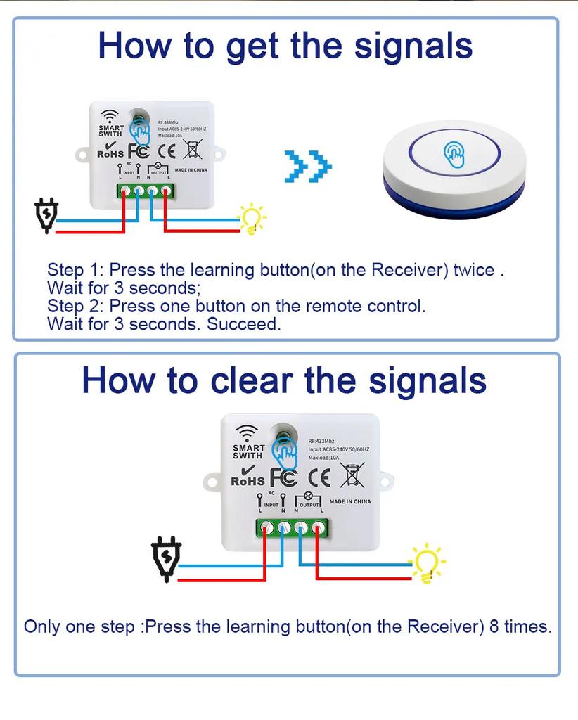 RF 433MHz Wireless Remote Control Light Switch 220V 110V 10A Relay Receiver Mini Round Button Wall Panel Switch For LED Lamp