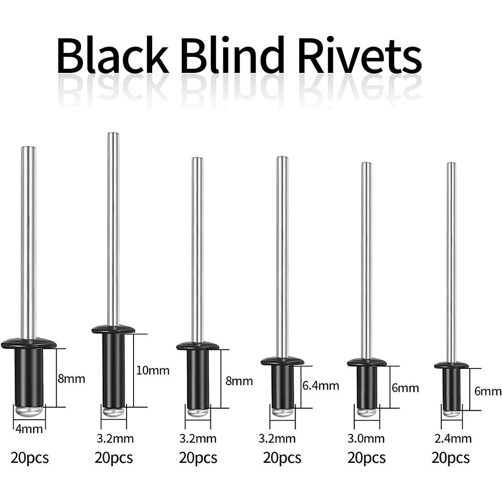 120Pcs Black Blind Rivets 6 Sizes Pull Rivets Pop Rivets  Deep Water Installing Boat
