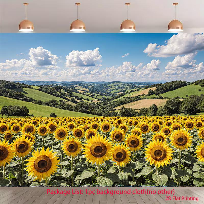 2D Sunflower Field Photography Backdrop Blue Sky Green Hill Photo Background for Party Studio Decor 47.2x31.5inch/120*80cm
