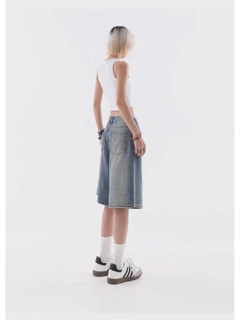 Women's Retro Gradient Wide-Leg Jeans - Loose Fit, Summer Casual, Five-Point Style