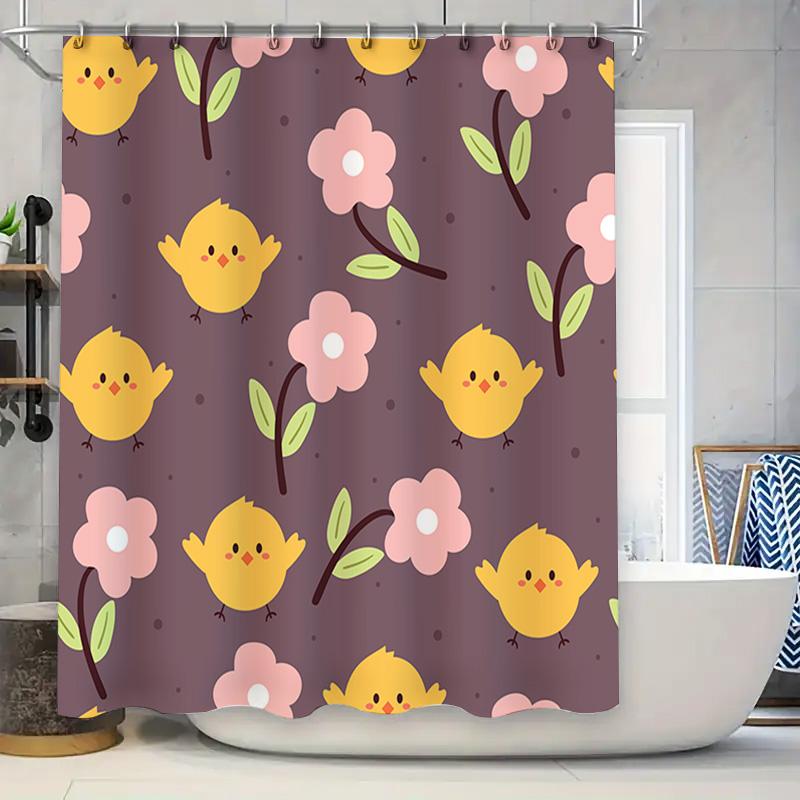 

Charming Flower Chick Cartoon Printed Shower Curtain For Bathroom Decor In Purple Yellow Pink Colorful Kids Bath Room W60H190(CM)-1 Pcs