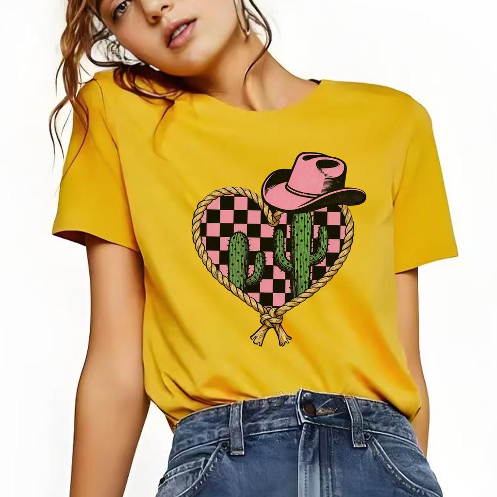 Retro Western Cowboy Hat Printed Womens Short Sleeved Tshirt Summer Round Neck Suitable for Versatile Daily Use