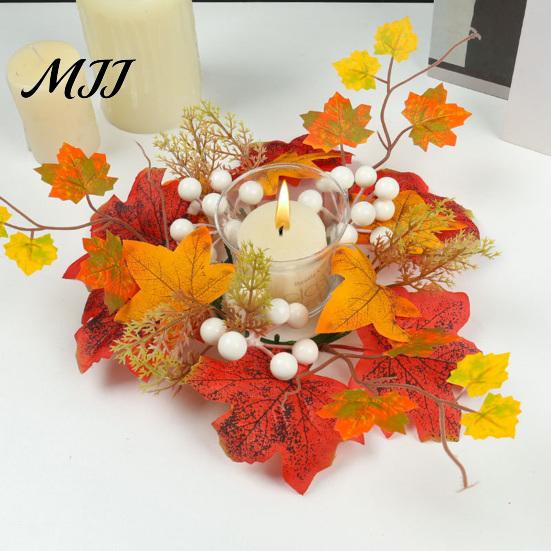 Rustic Fall Candle Decoration Rings Wreaths, Artificial Maple Leaf Ring for Pillar Thanksgiving Holder Holder, Halloween Home Party Table Centerpieces