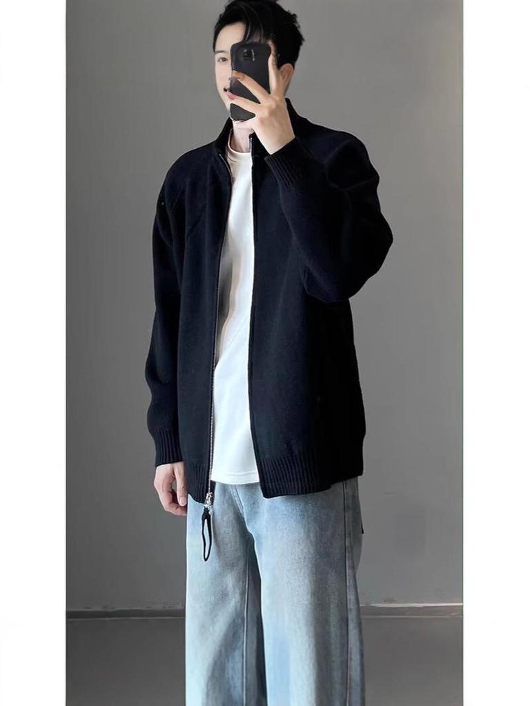 Men's Korean Style Stand Collar Double Zipper Knit Cardigan - Casual Loose Fit for Autumn and Winter