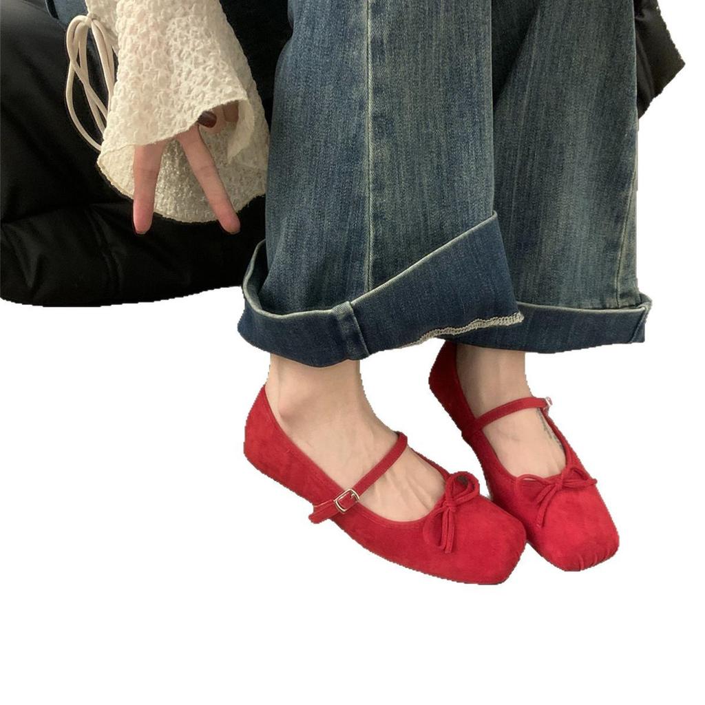 Suede Square Head Single Shoes Women's Spring and Autumn New Bow Commuter Flat Mary Jane Shoes