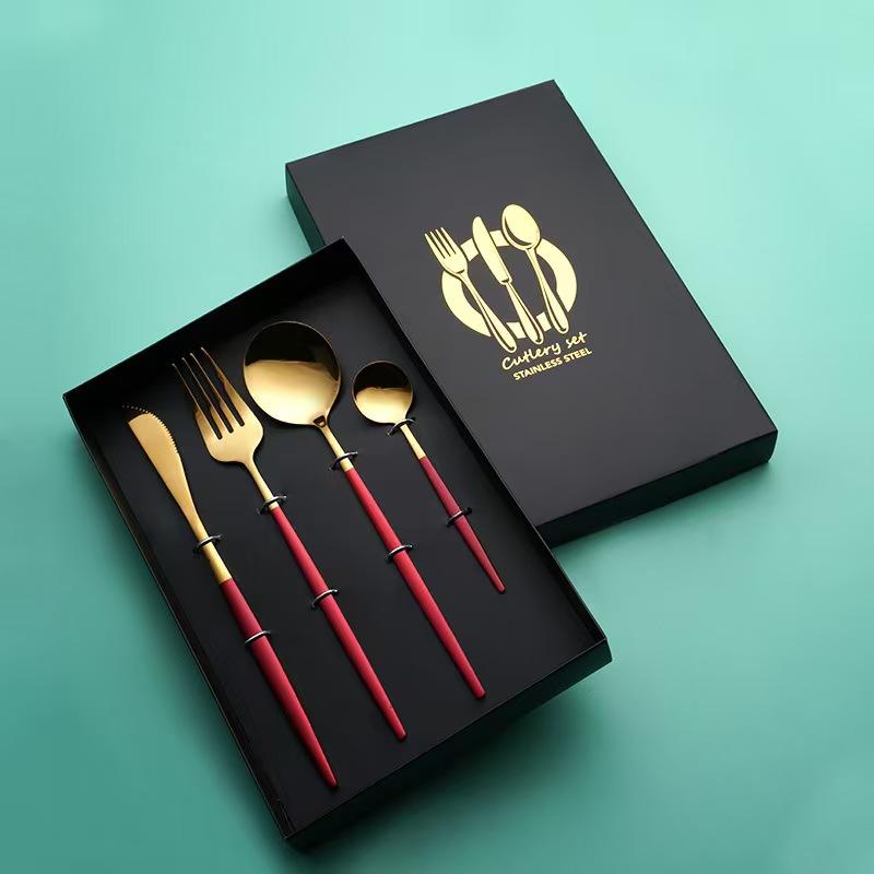 tableware 410 stainless steel, knife, table fork, table spoon, kitchen utensils, Portuguese-style, green and gold 4-piece set