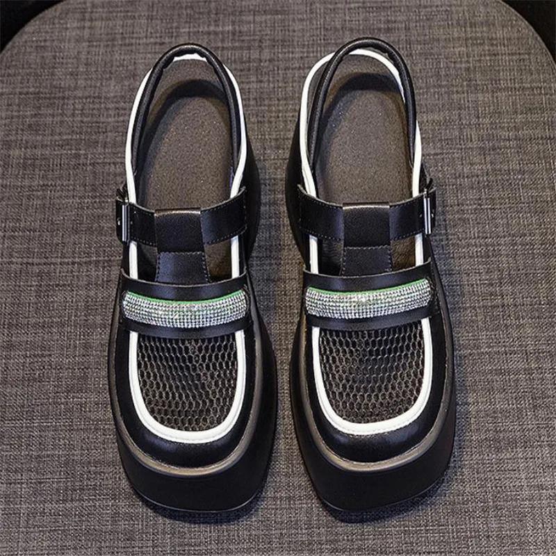 Fashion 11cm Air Mesh Genuine Leather Platform Wedge Sneakers Women Breathable Casual Hollow Chunky Summer Slippers Slides sandal