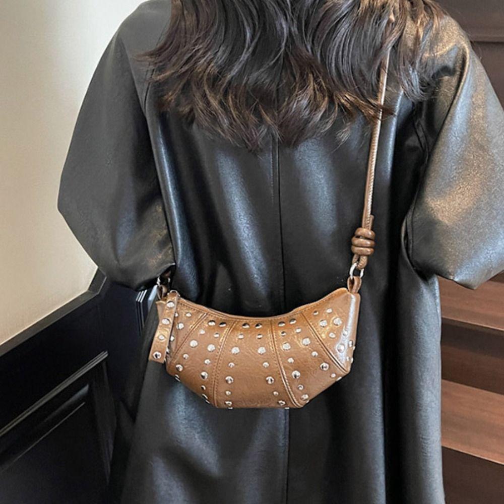 Crossbody Bag Rivets PU Dumplings Bag Small Pack Punk Style Handbags Croissant Shoulder Bag  Lady
