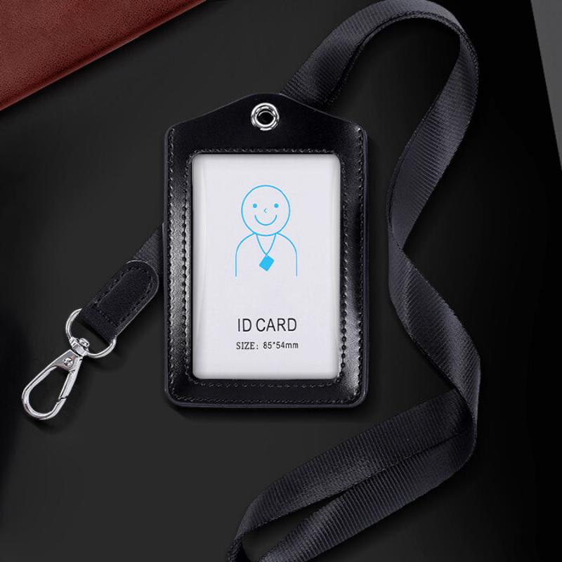 Formal Business ID Badge Holder Durable Real Leather Work Chest Card Pouch with Lanyard Simple Classic Black Stationery