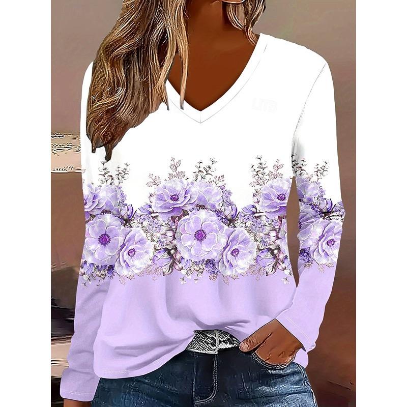 

Women s T-Shirts Florals Graphics Plants Elegant Fashion Tees Long Sleeve T-shirts V-Neck Regular Tops Pullover Fall Winter XL
