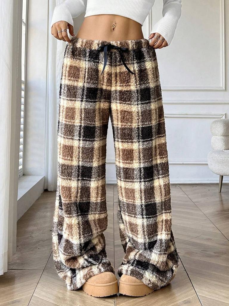 Winter New Women's Plaid Casual Pants with Elastic Waist and Fleece