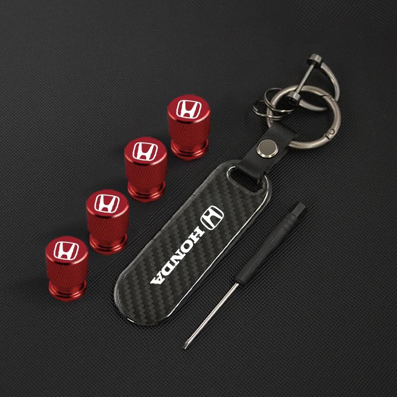 AAAKS1 Motorcycle Carbon Fiber Key Chain +Wheel Tire Valve Caps Set for Mugen Power Honda Civic Accord CRV Hrv Jazz Styling Accessories