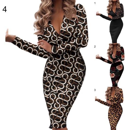 Deep V-Neck Long Sleeve Lady Dress Shirring Sequin Skinny Office Midi Dress for Daily Wear