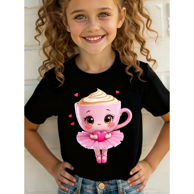 European Sizes Summer Fashion Short Sleeve T-Shirt for Girls Featuring a Cartoon Print of a ‘Cappuccino Ballerina Holding a Heart'