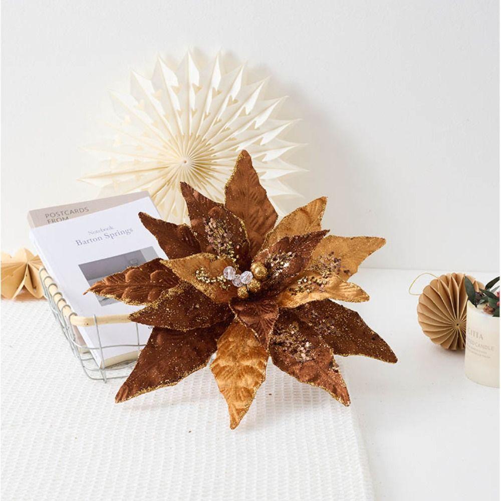 Flannel Fabric Christmas Artificial Flowers Plastic Glitter Glitter Fake Flower 32cm DIY Glitter Poinsettia