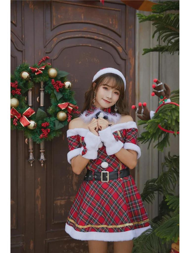 Dámské vánoční šaty s jedním ramenem a kostkovaným vzorem s páskem, japonsko-korejský styl, pasová nadýchaná sukně