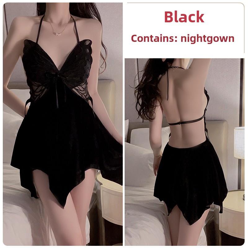 Sexy Backless Velvet Plus Chest Pad Pure Desire Suspender Nightdress Robe Loungewear Set
