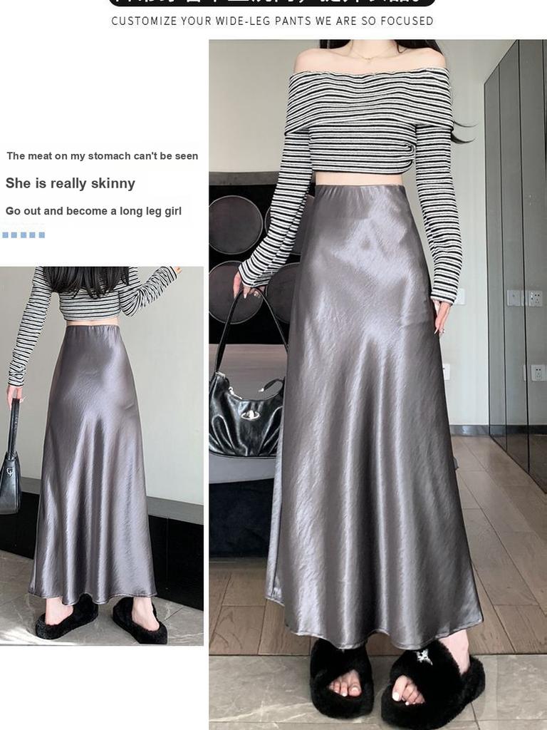 Satin A-Line Fishtail Midi Skirt for Women - Spring/Summer New Style Korean Fashion