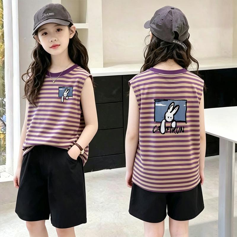 Korean Style Girls' Color Block Striped Sleeveless Vest Set - Summer New Arrivals for Medium & Large Children