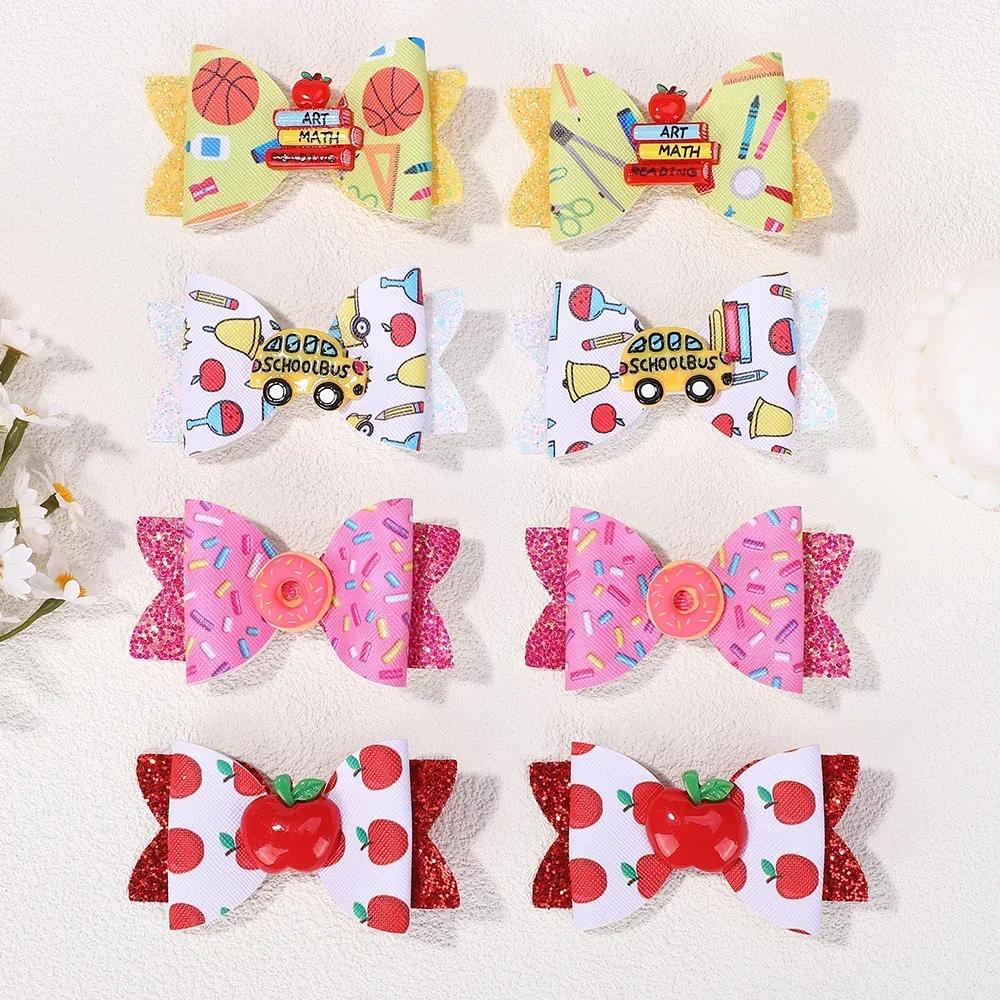 2pcs/set Sweet Back To School Hair Bows Clip for Girls Cute School Bus Hairpins Ribbon Print Pencil Barrettes Boutique Headwear