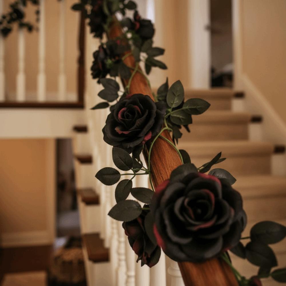 Reusable Artificial Black Rose Vine Flexible Spooky Gothic Wreath Staircase Handrail