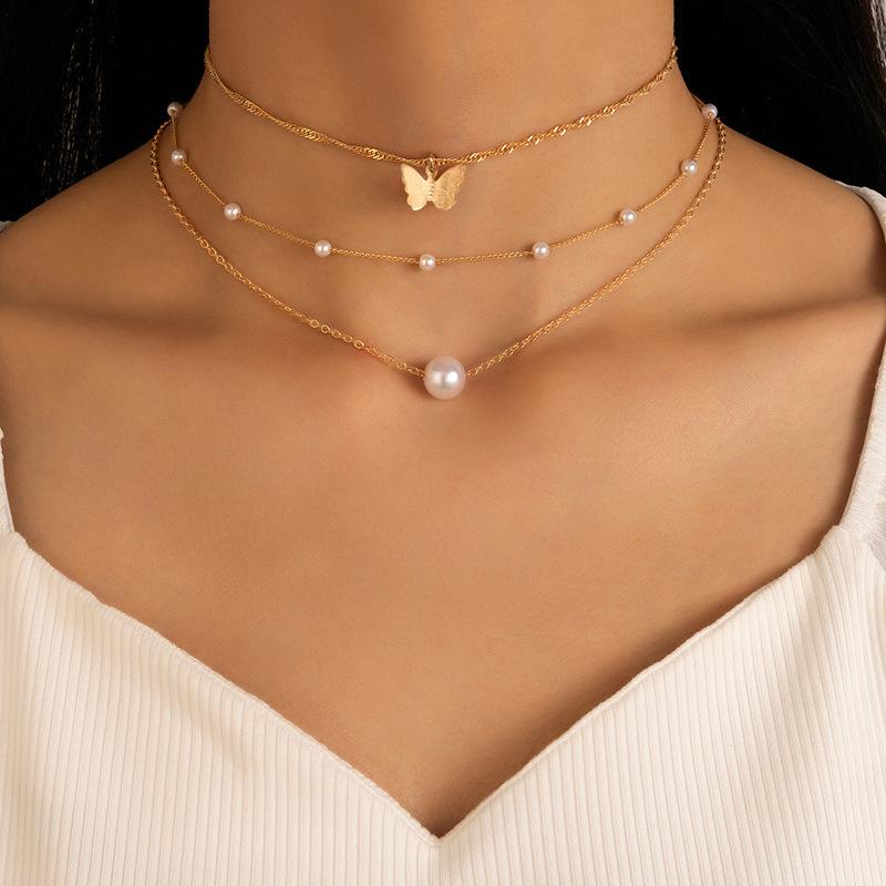Hot-selling pearl butterfly three-layer necklace geometric beaded chain multi-layer collarbone chain