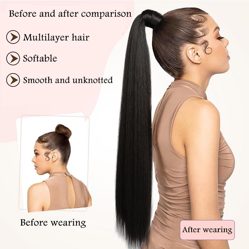 Synthetic 28inch Long Straight Ponytail With Elastic Band Wrap Around Pony Tail Extension Fake False Hairpiece For Women Girls