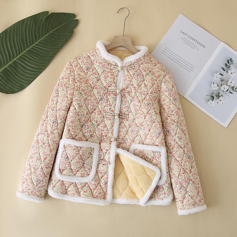 

Women s Winter Floral Padded Cotton Jacket with Stand Collar & Retro Frog Button – Ethnic Style Plus Velvet Thickened Outerwear 4XL (135-145 lbs)