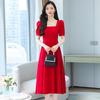 Red Women's Square-Neck Dress: 2026 Summer French Retro Style with Puff Sleeves for Engagements