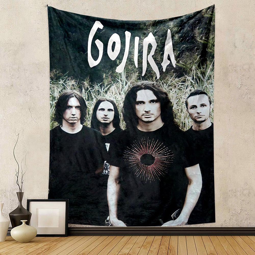 Four men in black shirts standing outdoors with "Gojira" text above. Patterned tapestry for bedroom and living room home decor