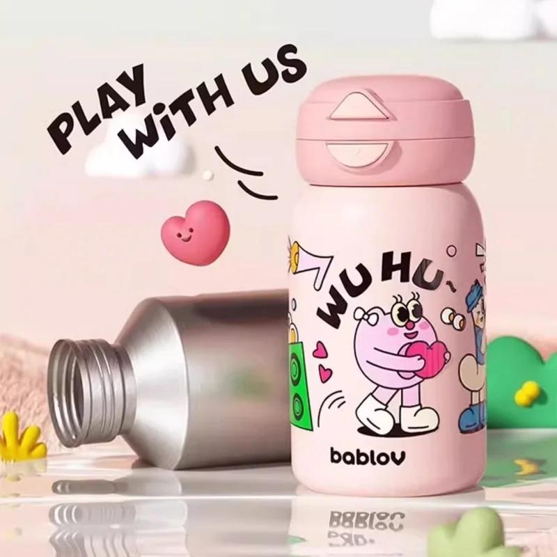 Bablov 550ML Stainless Steel Vacuum Flask Cute Pattern Thermos Water Bottle with Straw Leak-proof Double Drink Cup for Kids