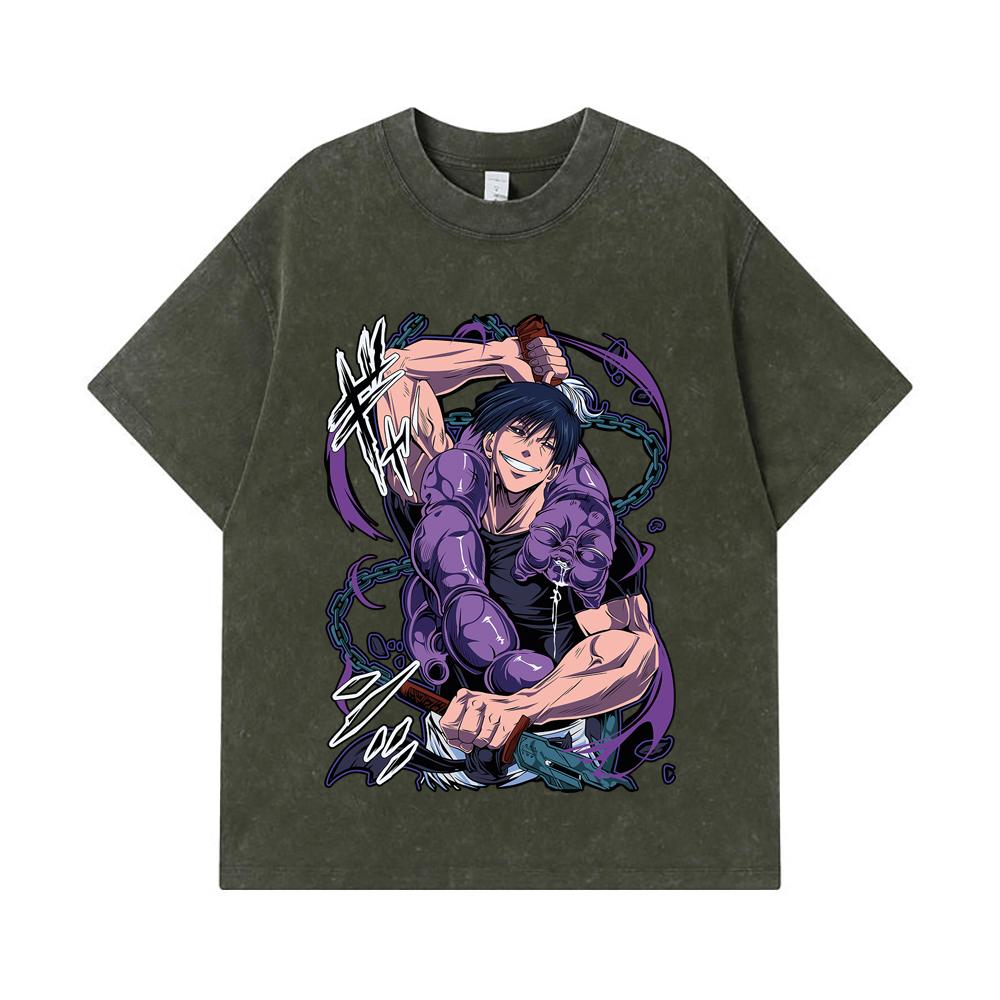 

Стиранные футболки 275 г/м² 100% Хлопок Jujutsu Kaisen V55 Принт Тодзи Унисекс Плотная хлопковая футболка S армия зеленый