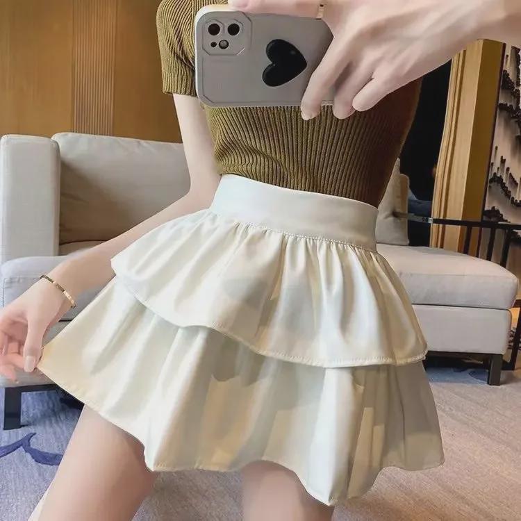 2024 Autumn/Winter Women's High Waist PU Leather A-Line Skirt - Slim, Fluffy, Anti-Exposure, Hot Girl Cake Design