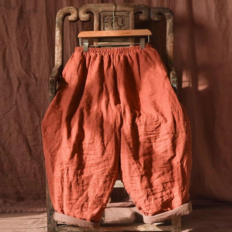 Johnature Dámské kalhoty Vintage Bloomers Jednobarevné elastický pas Plus Bavlna Zimní kalhoty Volné Dámské dlouhé kalhoty