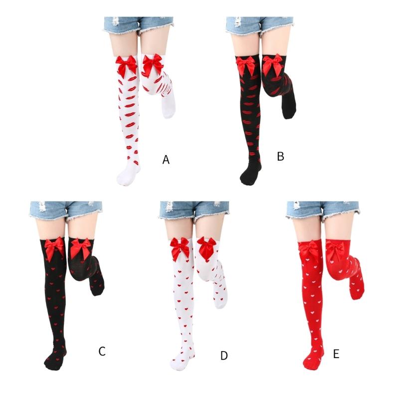 Valentines Day Over Knee Long Socks Cute Bowknots Lip Heart Pattern Thigh High Stockings for Women Parties Casual Wear