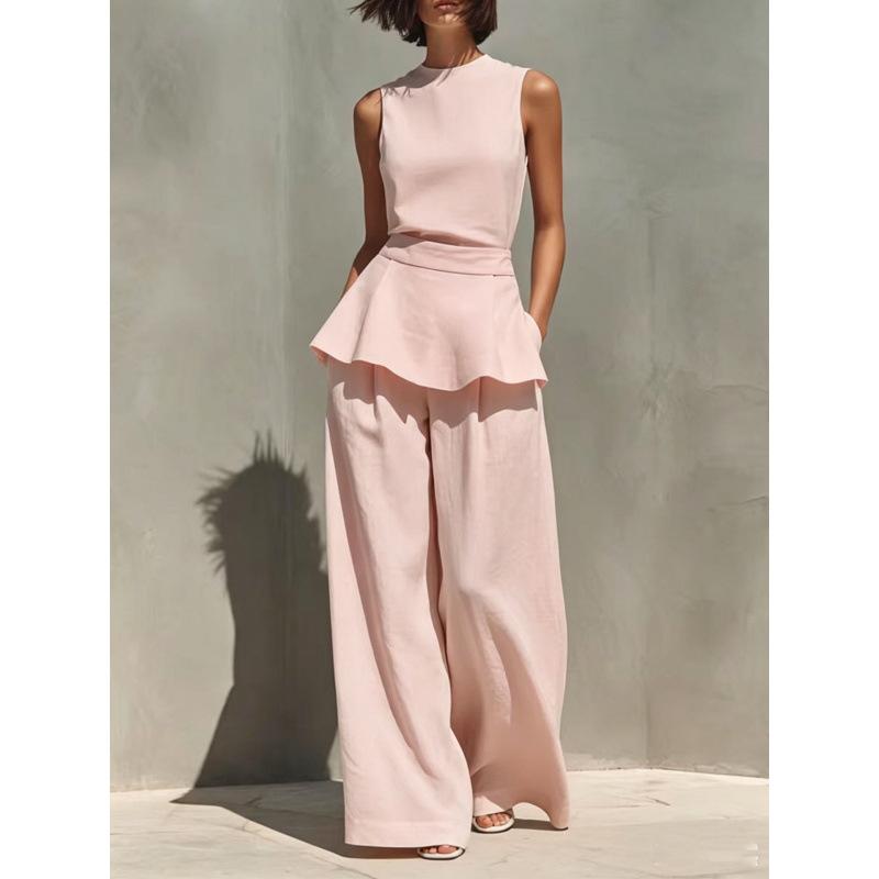 European and American new women's sleeveless vest vest ruffle edge wide-leg pants cotton and linen two-piece women's clothing