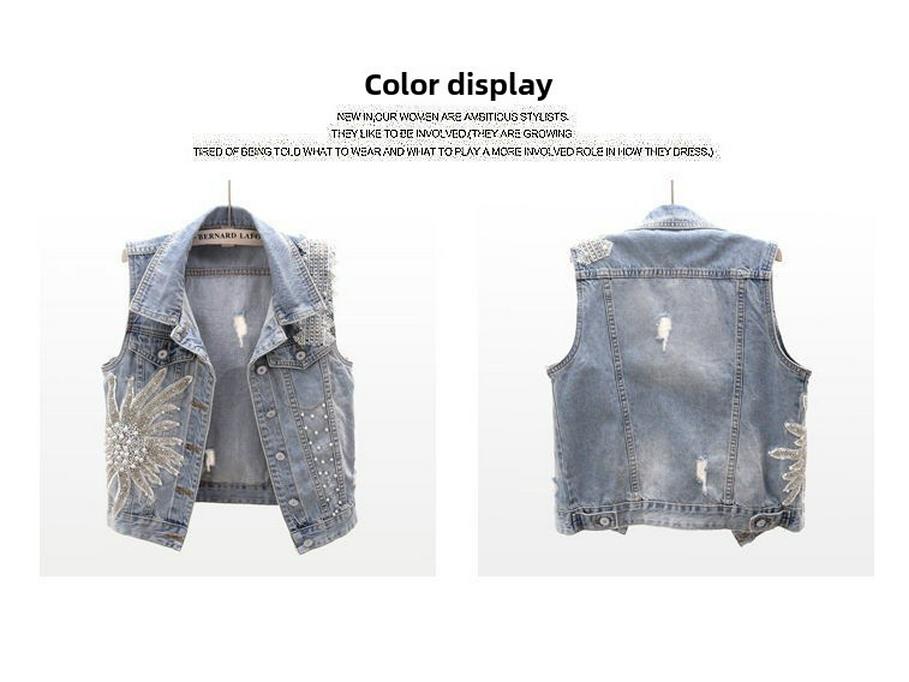 2023 Korean Lace Beaded Denim Sleeveless Vest for Women
