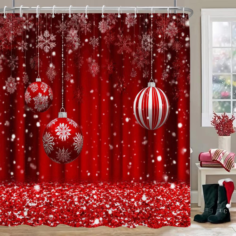 Christmas Shower Curtain, Red Christmas Snowflake Bell Bathroom Curtain Decoration Set With Hook Fabric Christmas Gift