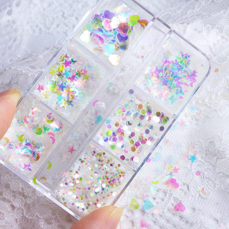 Mini 6 Grid Transparent Rainbow Light Nail Enhancement Sequins Decoration Love Star Moon Nail Accessories Nail DIY Material