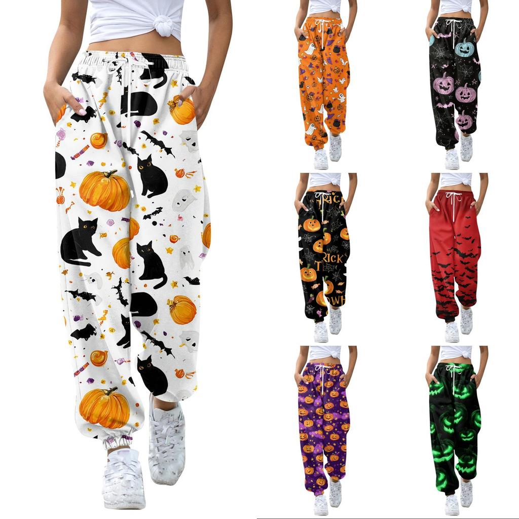 Women's Halloween Print Joggers Sweatpants - Drawstring Elastic Waist Cuffed Casual Pants for Fall Holiday Party